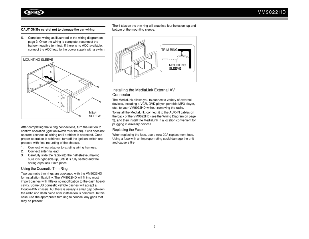 Jensen VM9022HD operation manual Installing the MediaLink External AV Connector, M3x4 