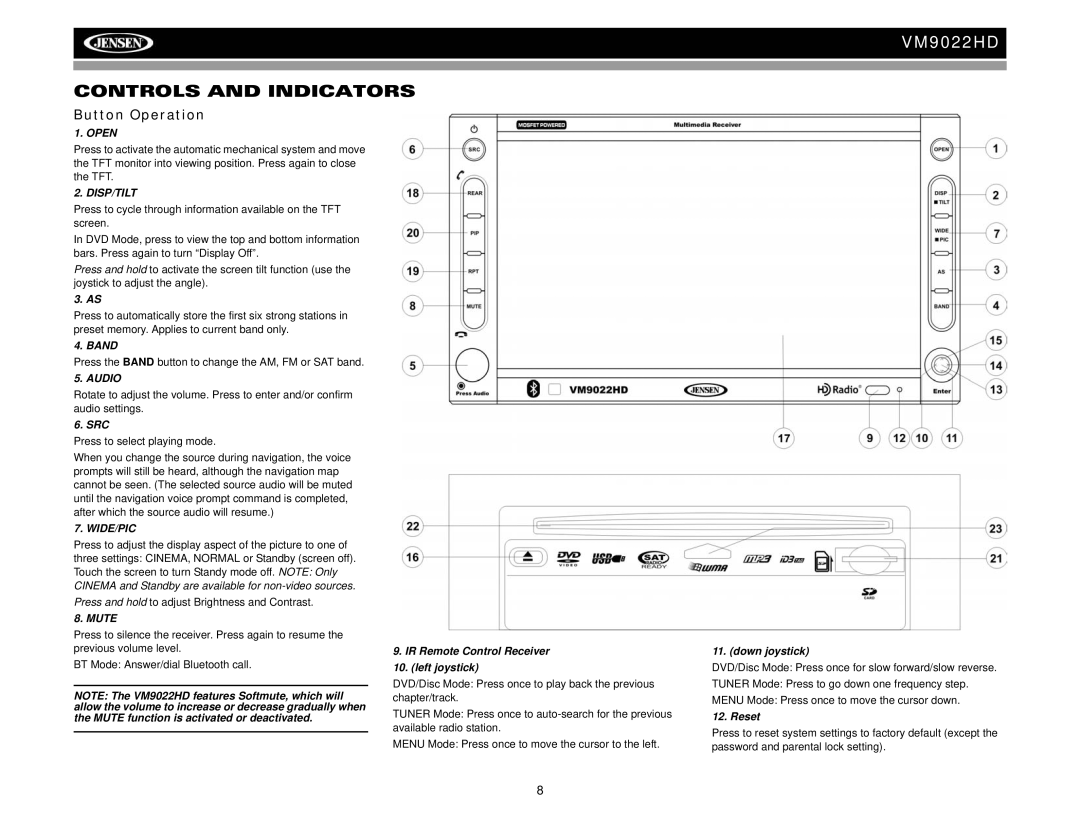 Jensen VM9022HD operation manual Controls and Indicators, Button Operation 