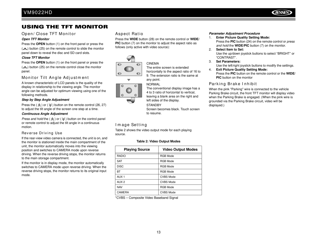 Jensen VM9022HD operation manual Using the TFT Monitor 