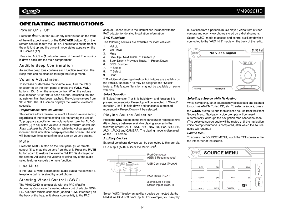 Jensen VM9022HD operation manual Operating Instructions 