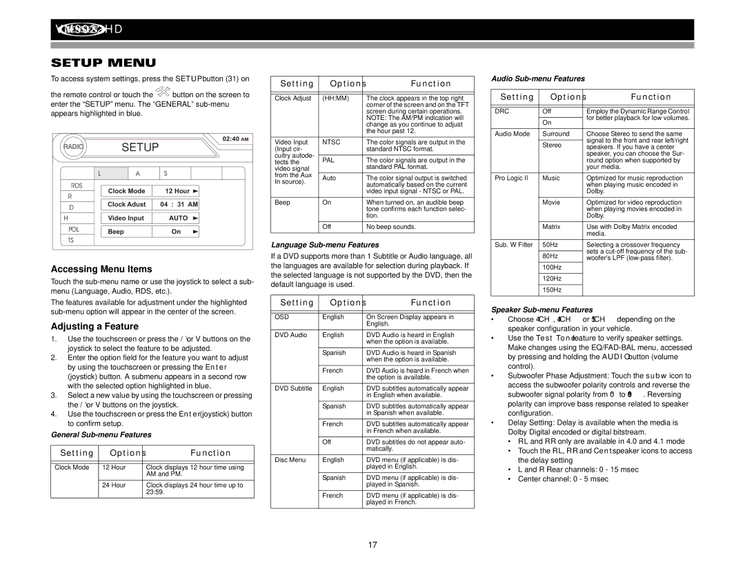 Jensen VM9022HD operation manual Setup Menu, Accessing Menu Items, Adjusting a Feature, Setting Options Function 