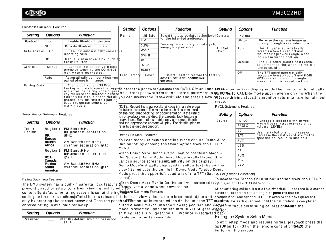 Jensen VM9022HD operation manual Exiting the System Setup Menu 