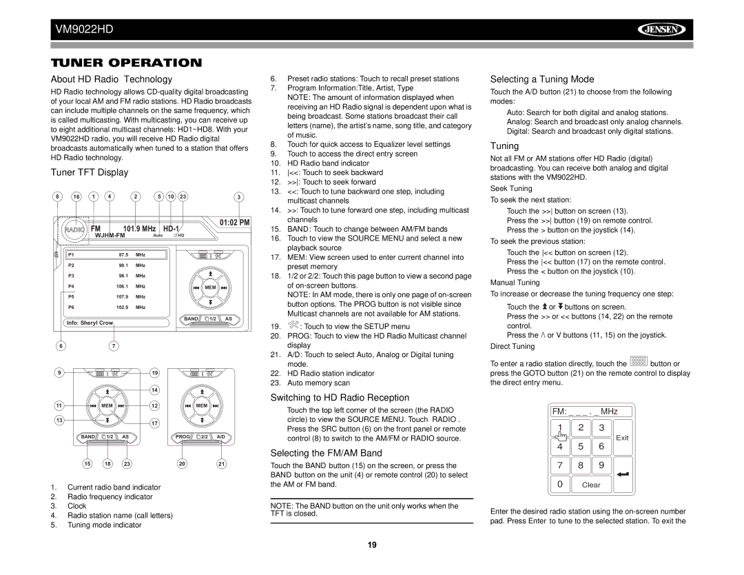 Jensen VM9022HD operation manual Tuner Operation 