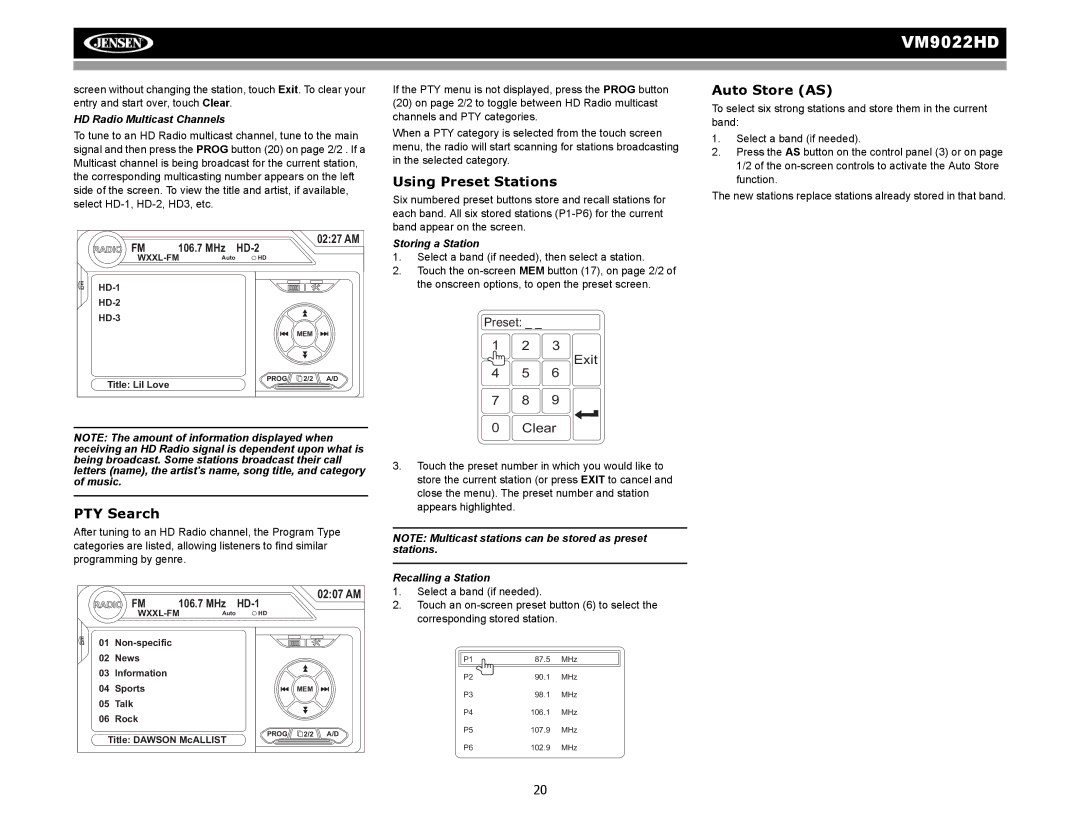 Jensen VM9022HD operation manual Using Preset Stations, Auto Store AS, PTY Search 