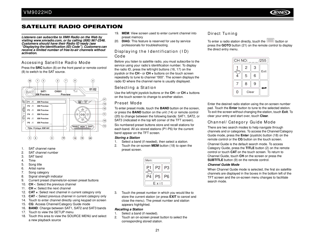 Jensen VM9022HD operation manual Satellite Radio Operation 