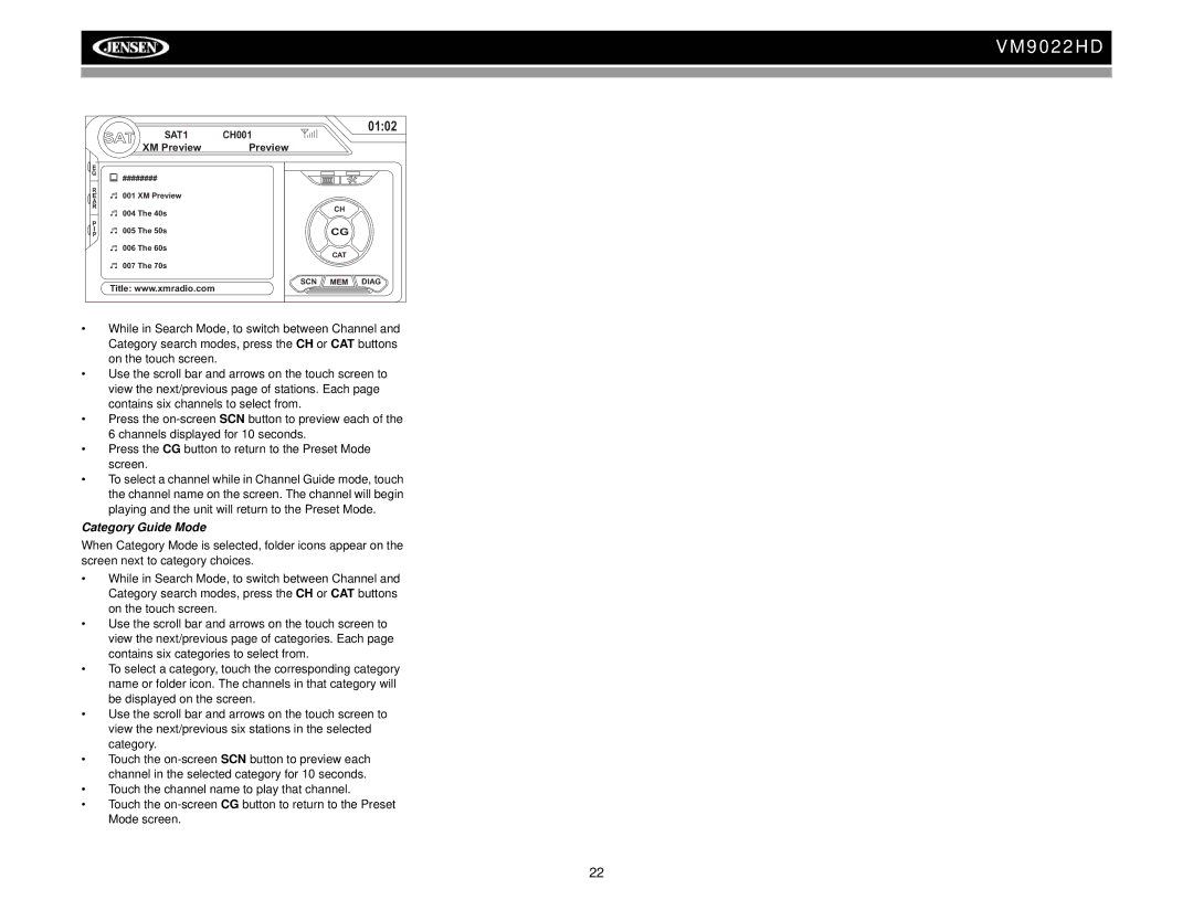 Jensen VM9022HD operation manual Sat, Category Guide Mode 