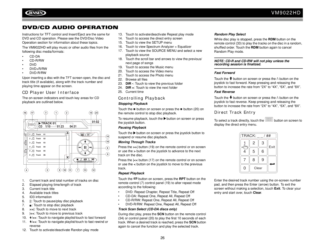 Jensen VM9022HD operation manual DVD/CD Audio Operation, CD Player User Interface, Direct Track Entry 