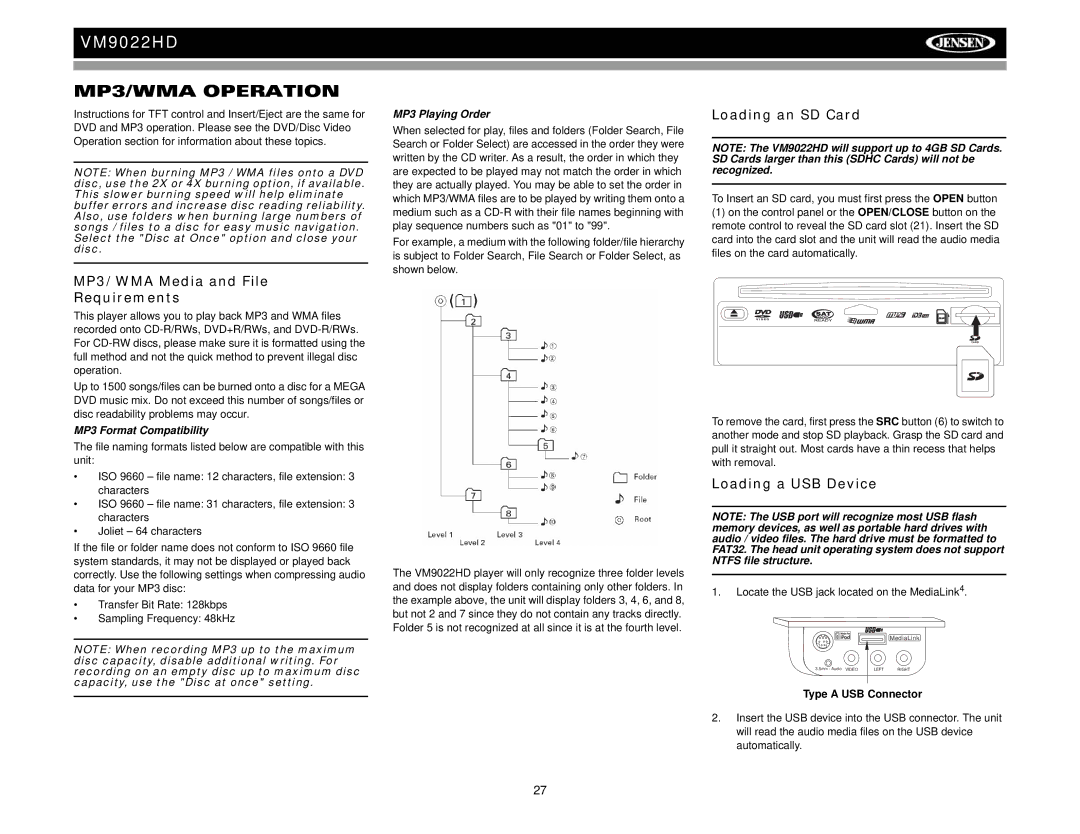 Jensen VM9022HD MP3/WMA Operation, MP3/WMA Media and File Requirements, Loading an SD Card, Loading a USB Device 