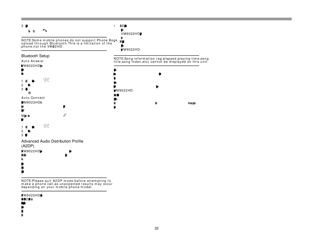 Jensen VM9022HD operation manual Bluetooth Setup, Advanced Audio Distribution Profile A2DP, Auto Answer, Auto Connect 