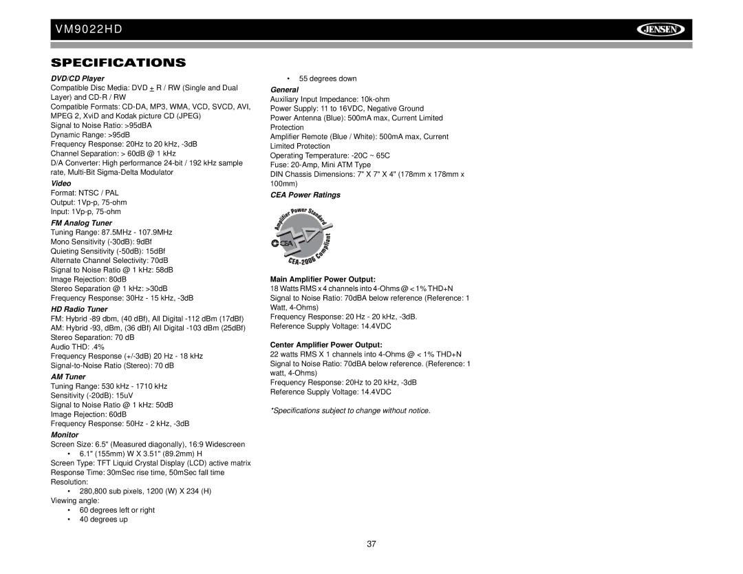 Jensen VM9022HD operation manual Specifications 