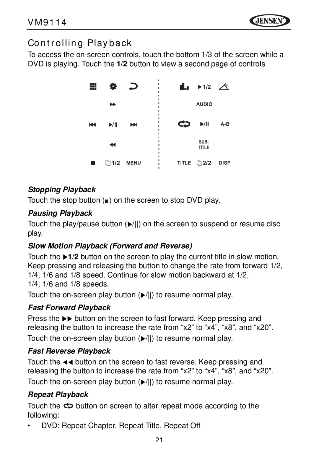 Jensen VM9114 operating instructions Controlling Playback 