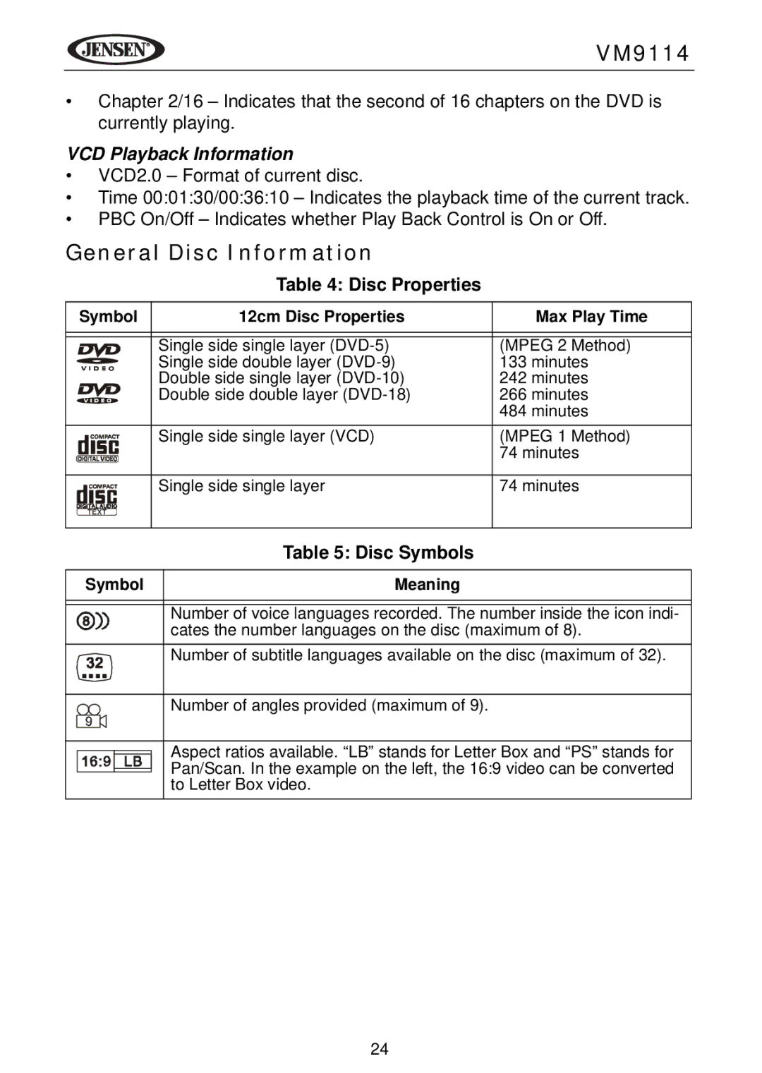 Jensen VM9114 operating instructions General Disc Information, VCD Playback Information, Disc Properties, Disc Symbols 