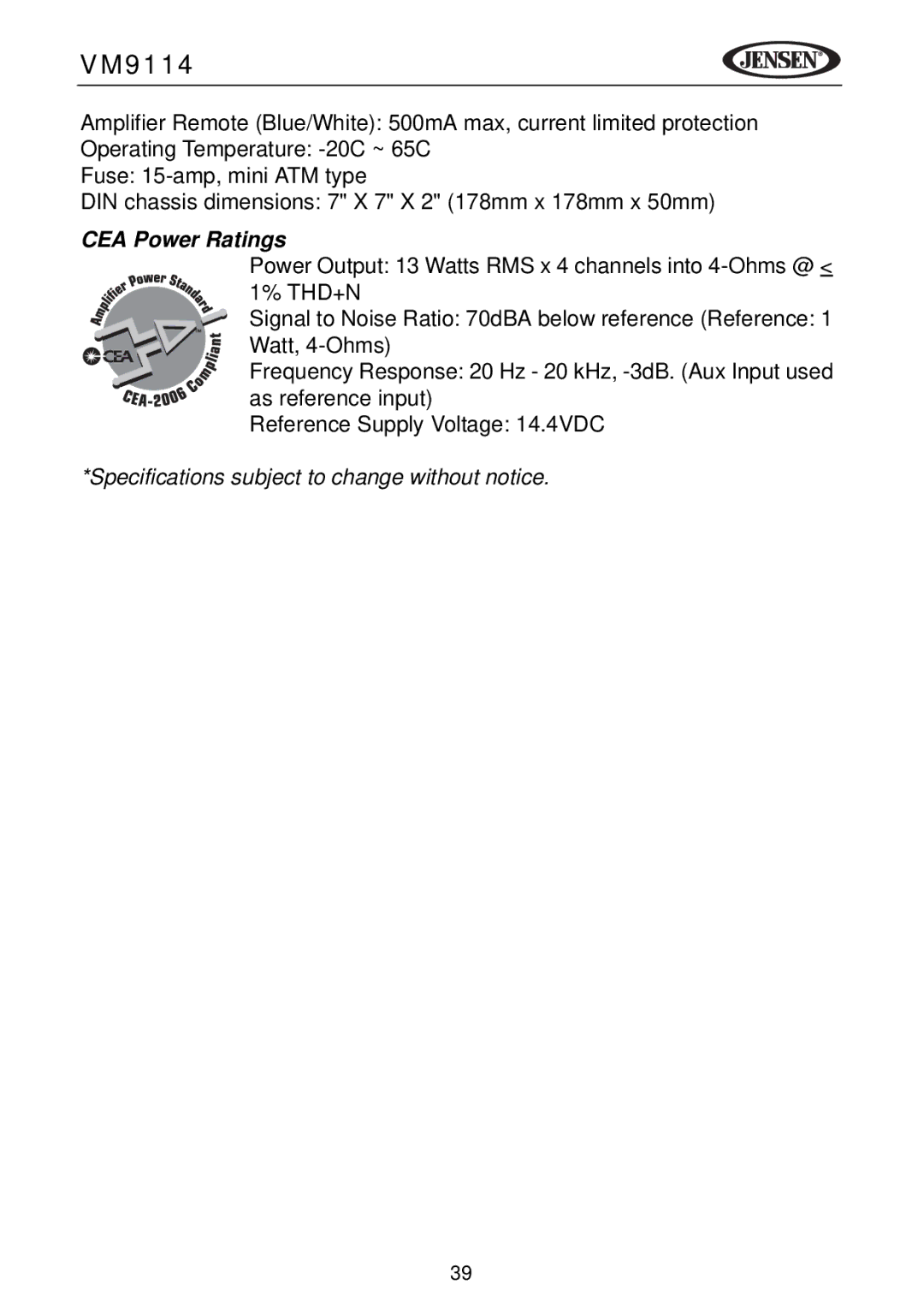 Jensen VM9114 operating instructions CEA Power Ratings 