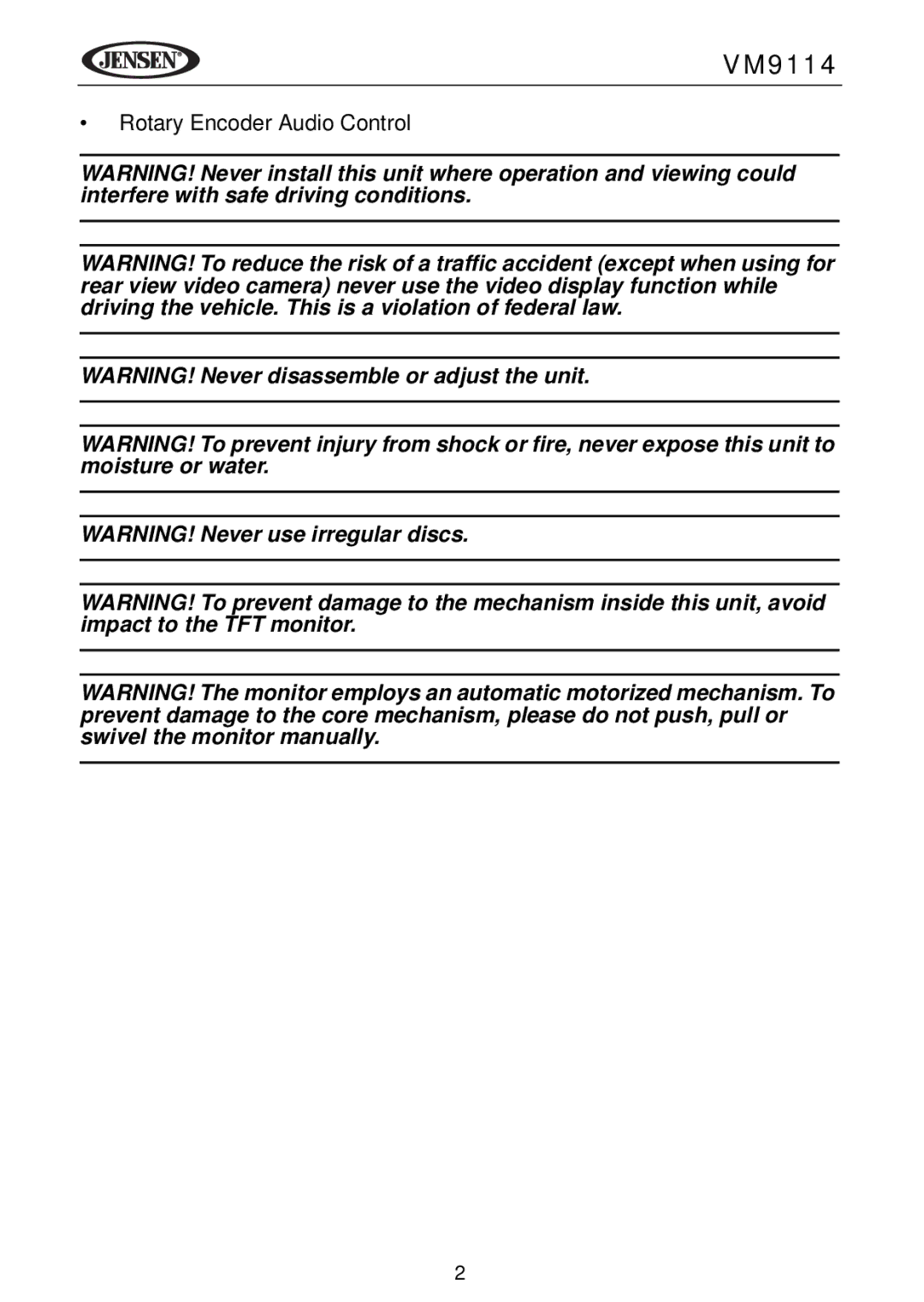 Jensen VM9114 operating instructions Rotary Encoder Audio Control 