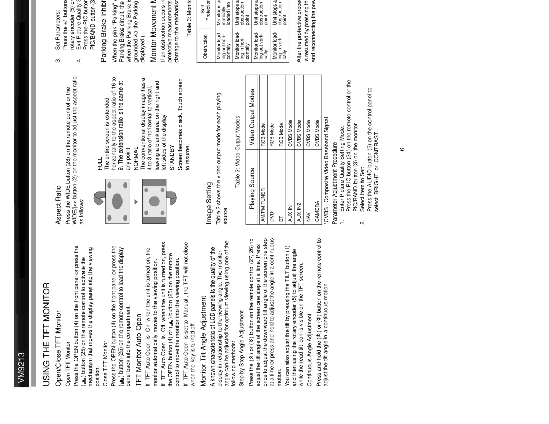 Jensen VM9213 operation manual Using the TFT Monitor 