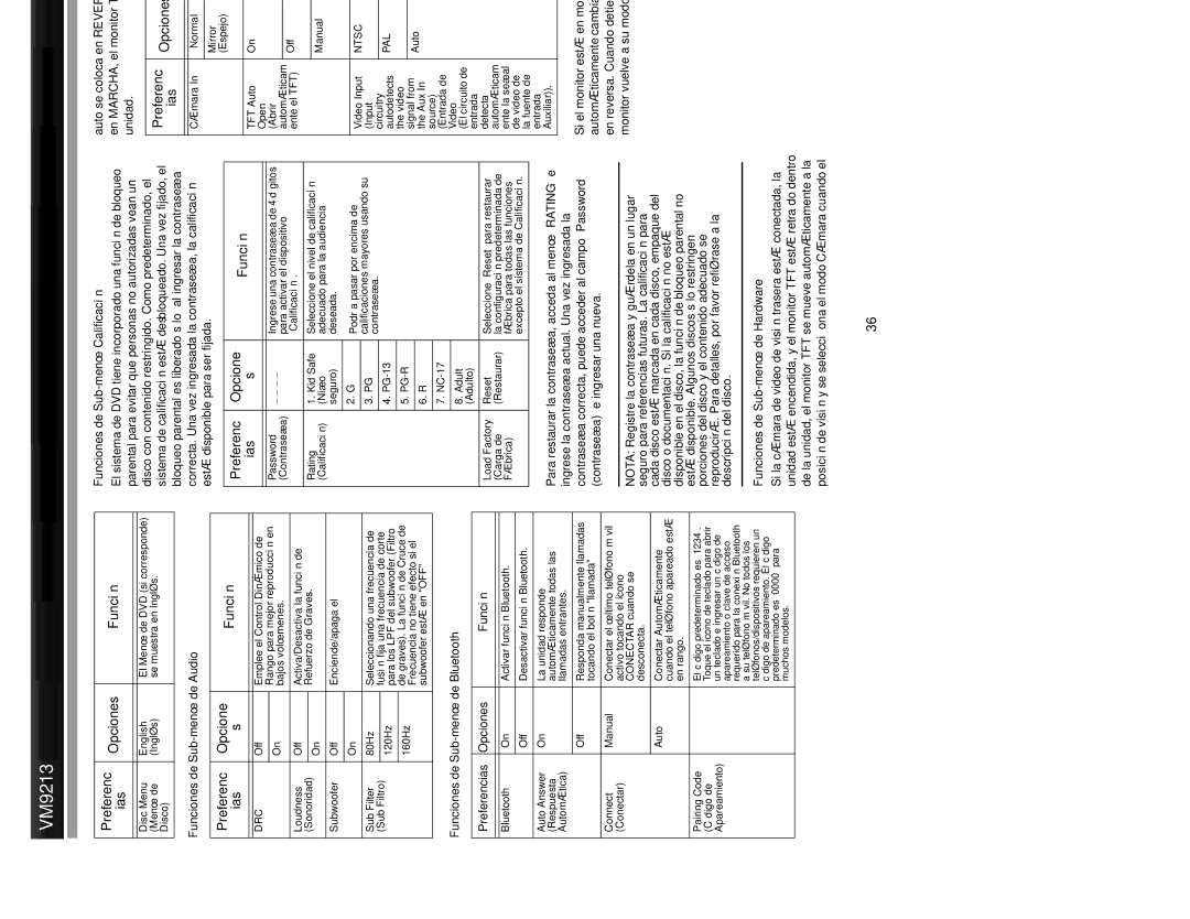 Jensen VM9213 Preferenc Opcione Función Ias, Funciones de Sub-menú de Audio, Funciones de Sub-menú de Bluetooth 