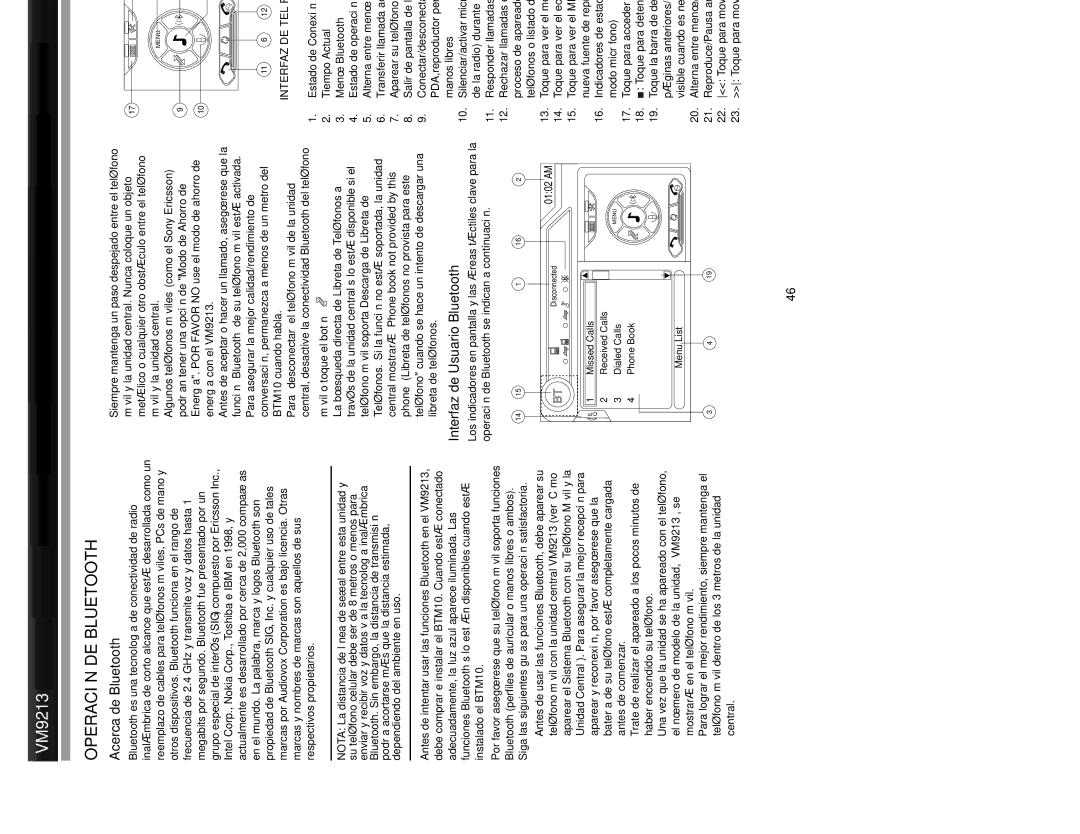 Jensen VM9213 operation manual Operación DE Bluetooth, Acerca de Bluetooth, Interfaz de Usuario Bluetooth 