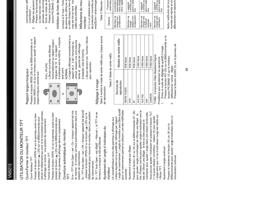 Jensen VM9213 operation manual Utilisation DU Moniteur TFT 