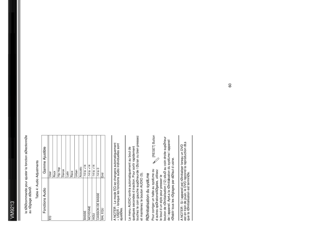 Jensen VM9213 operation manual Réinitialisation du système, Fonctions Audio Gamme Ajustible 