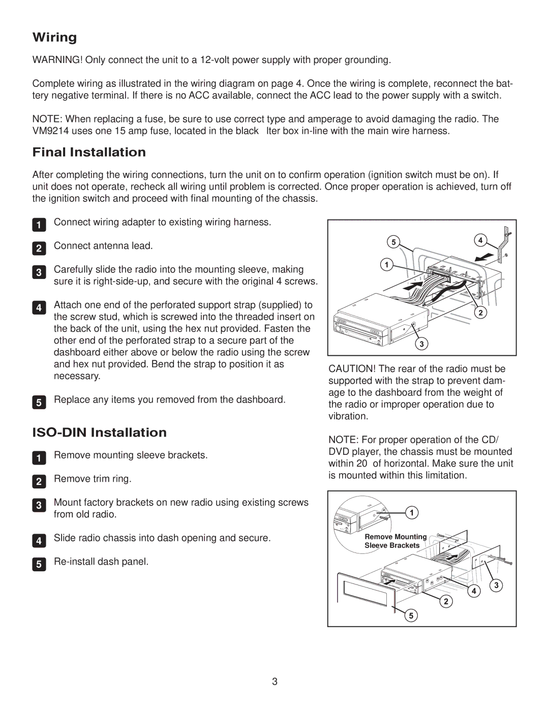 Jensen VM9214 owner manual Wiring, Final Installation, ISO-DIN Installation 