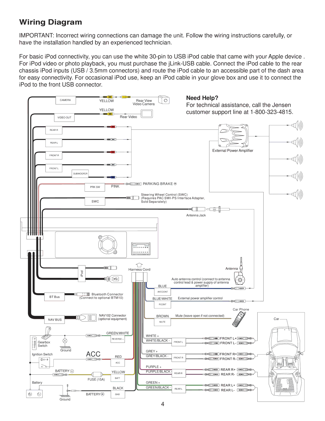 Jensen VM9214 owner manual Wiring Diagram, For technical assistance, call the Jensen, Customer support line at 