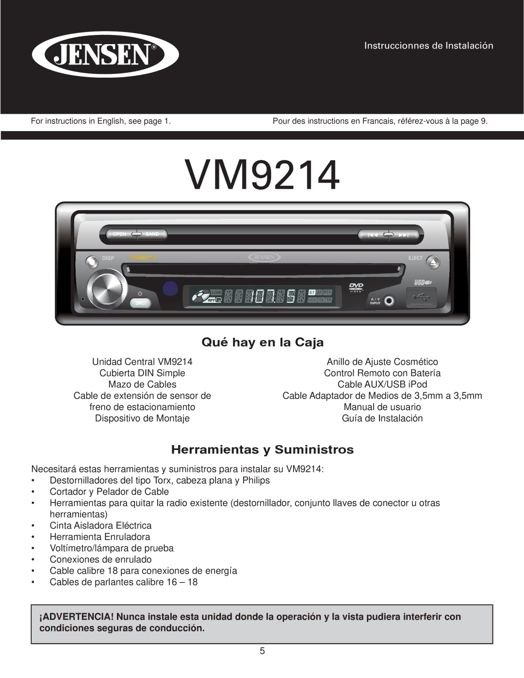 Jensen VM9214 owner manual Qué hay en la Caja, Herramientas y Suministros 