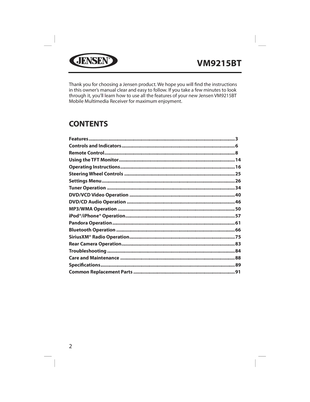 Jensen VM9215BT operating instructions Contents 