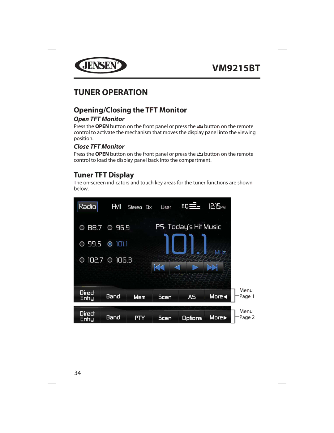 Jensen VM9215BT operating instructions Tuner Operation, Tuner TFT Display 