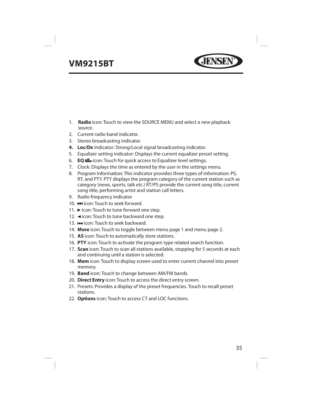 Jensen VM9215BT operating instructions 