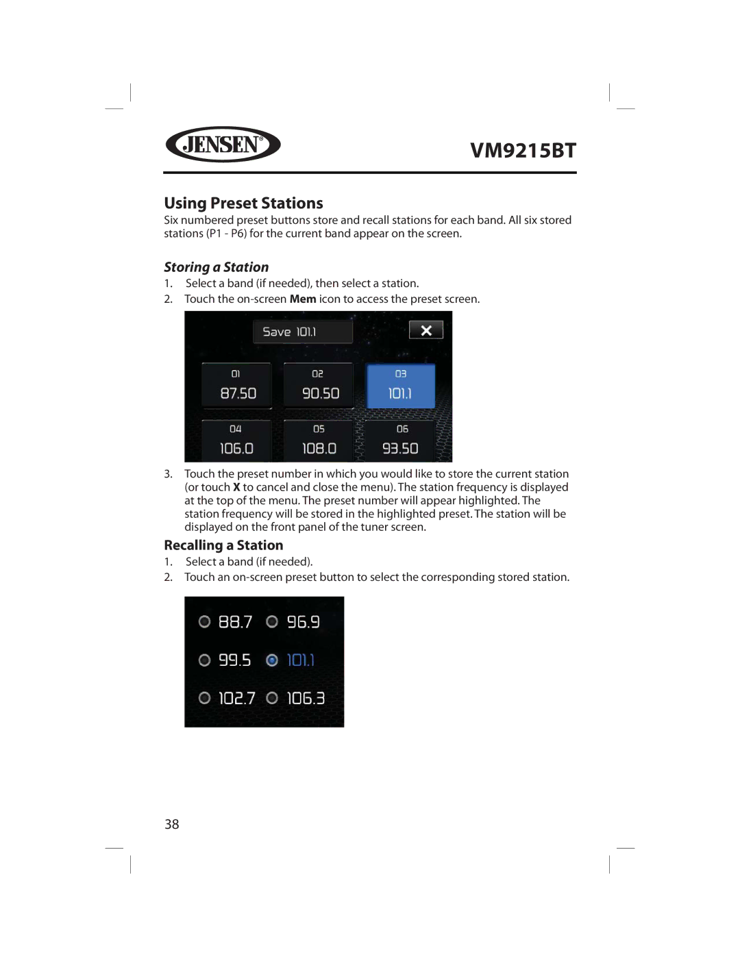 Jensen VM9215BT operating instructions Using Preset Stations, Storing a Station 