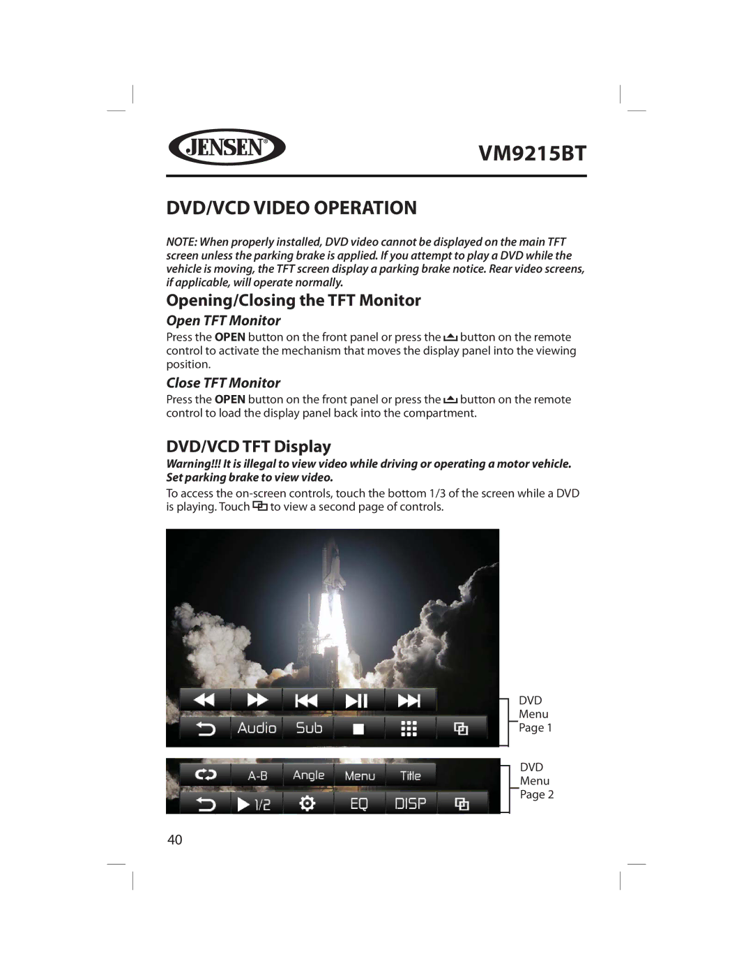 Jensen VM9215BT operating instructions DVD/VCD Video Operation, DVD/VCD TFT Display 