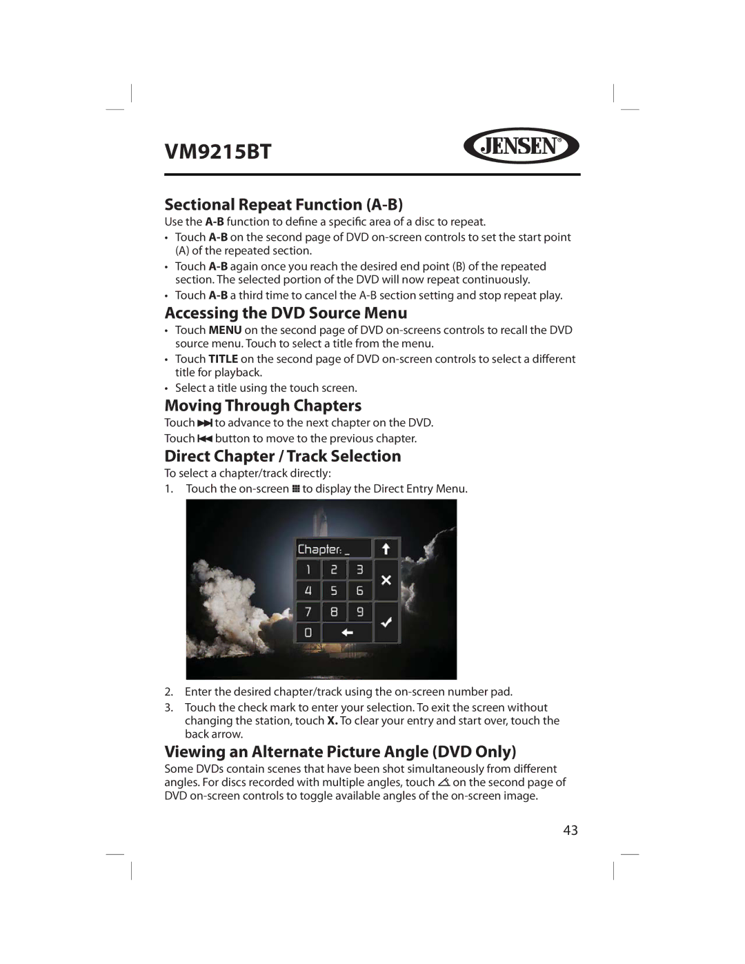 Jensen VM9215BT Sectional Repeat Function A-B, Accessing the DVD Source Menu, Moving Through Chapters 