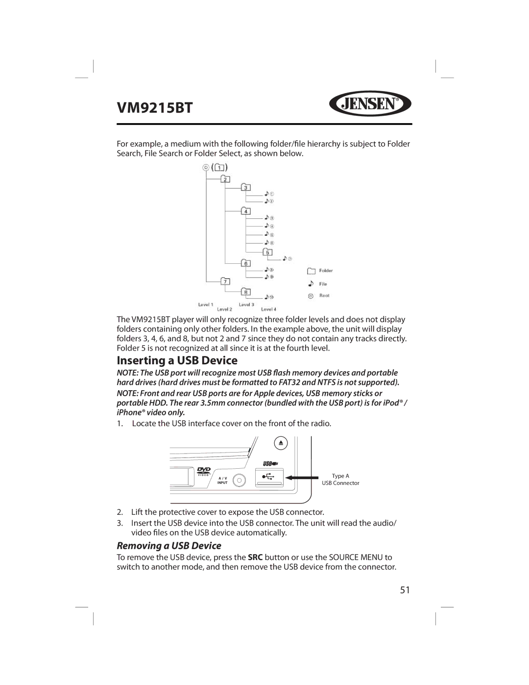 Jensen VM9215BT operating instructions Inserting a USB Device, Removing a USB Device 