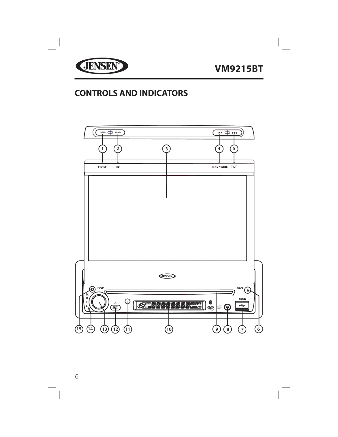 Jensen VM9215BT operating instructions Controls and Indicators 