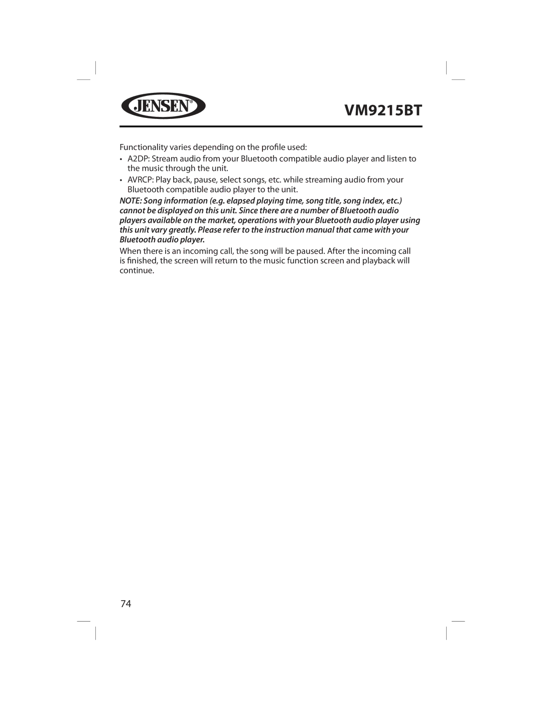 Jensen VM9215BT operating instructions 