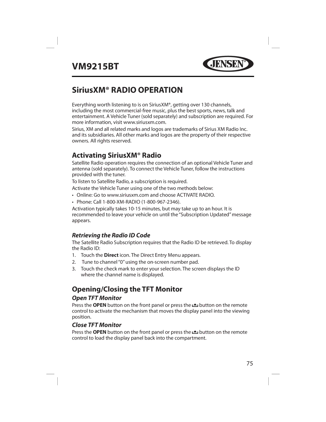 Jensen VM9215BT operating instructions Activating SiriusXM Radio, Retrieving the Radio ID Code 