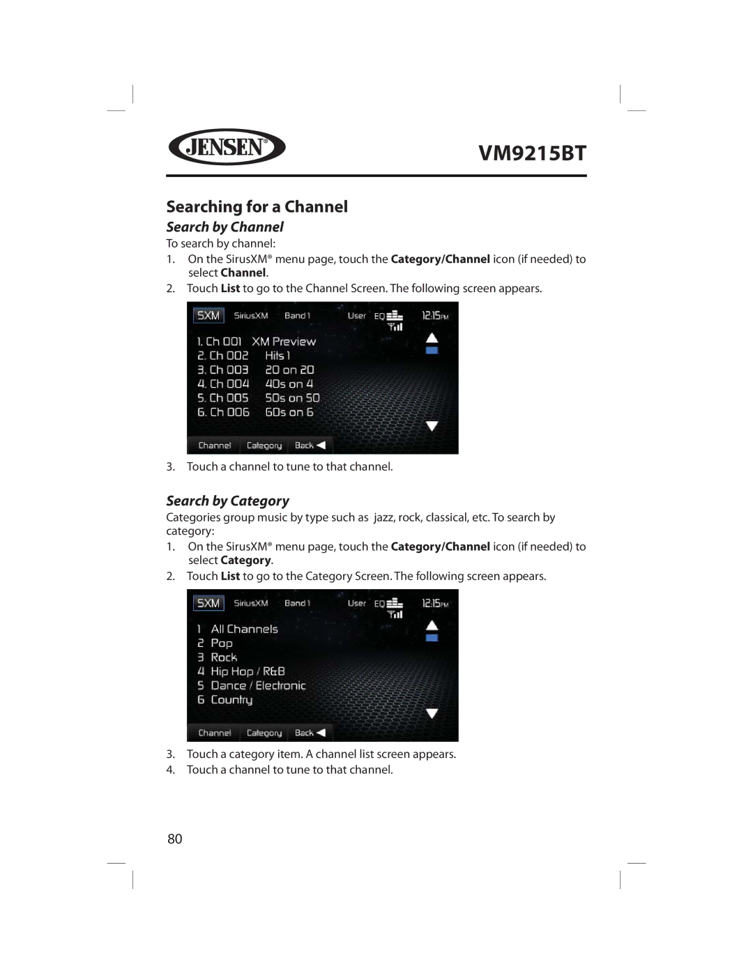 Jensen VM9215BT operating instructions Searching for a Channel, Search by Channel, Search by Category 