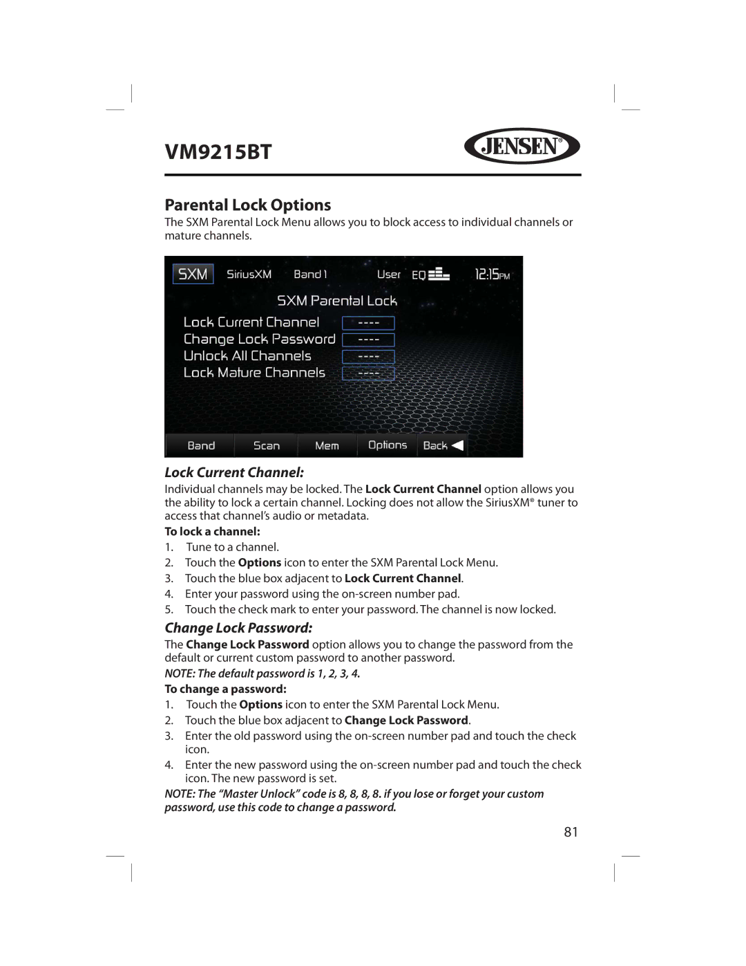 Jensen VM9215BT Parental Lock Options, Lock Current Channel, Change Lock Password, To lock a channel, To change a password 