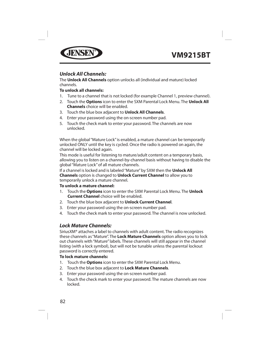 Jensen VM9215BT Unlock All Channels, Lock Mature Channels, To unlock all channels, To unlock a mature channel 