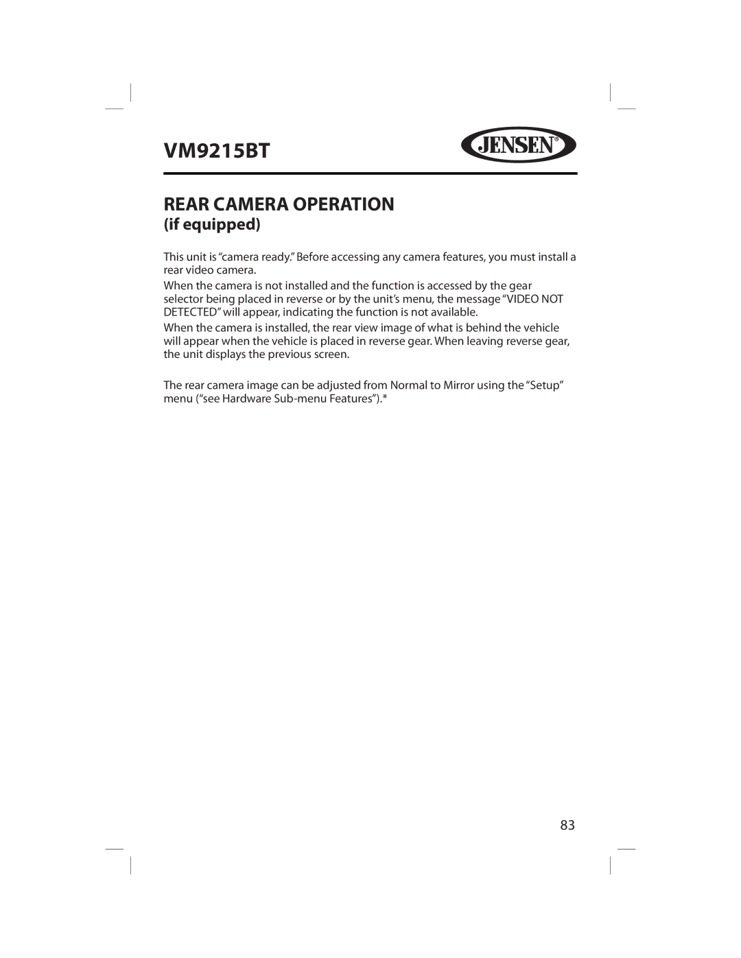 Jensen VM9215BT operating instructions Rear Camera Operation, If equipped 