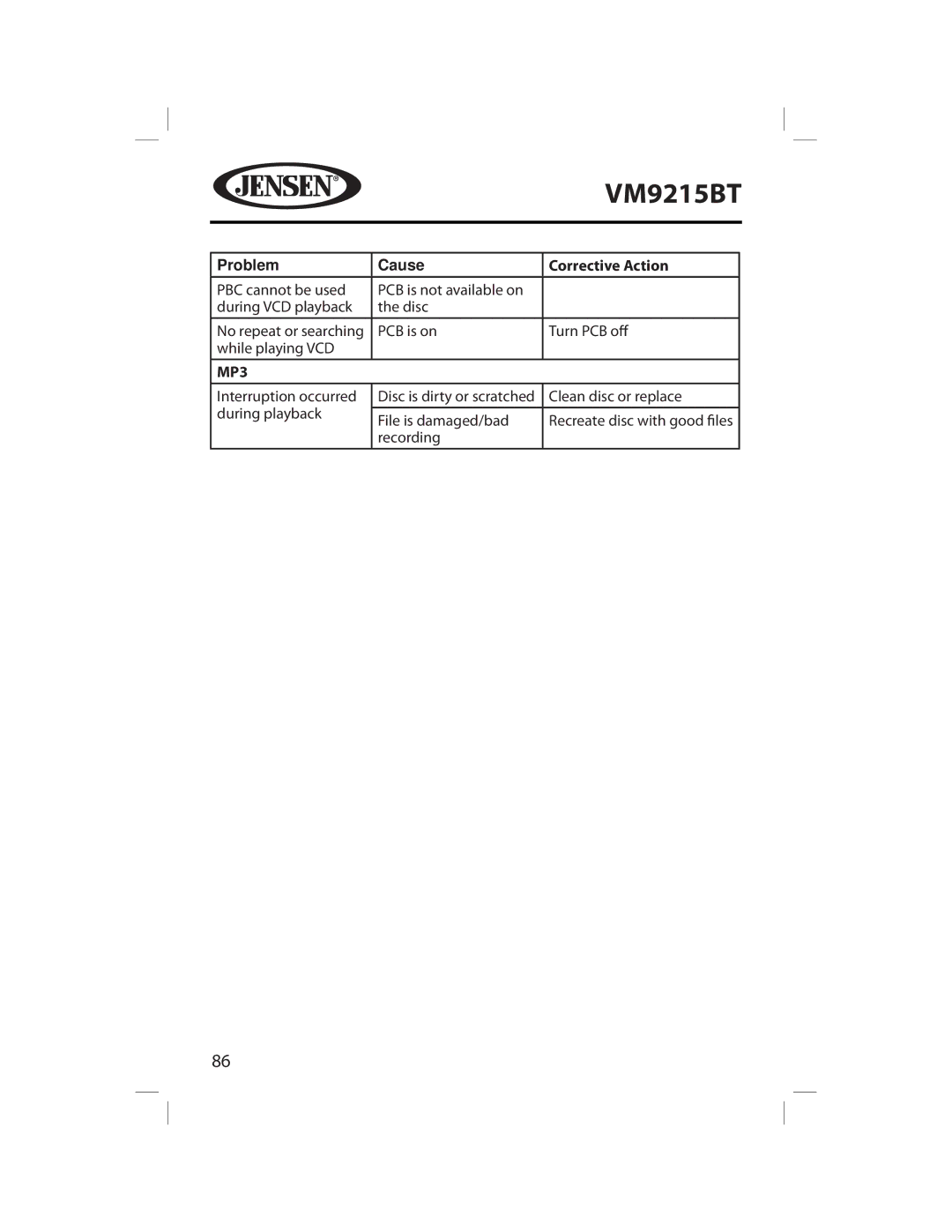 Jensen VM9215BT operating instructions MP3 