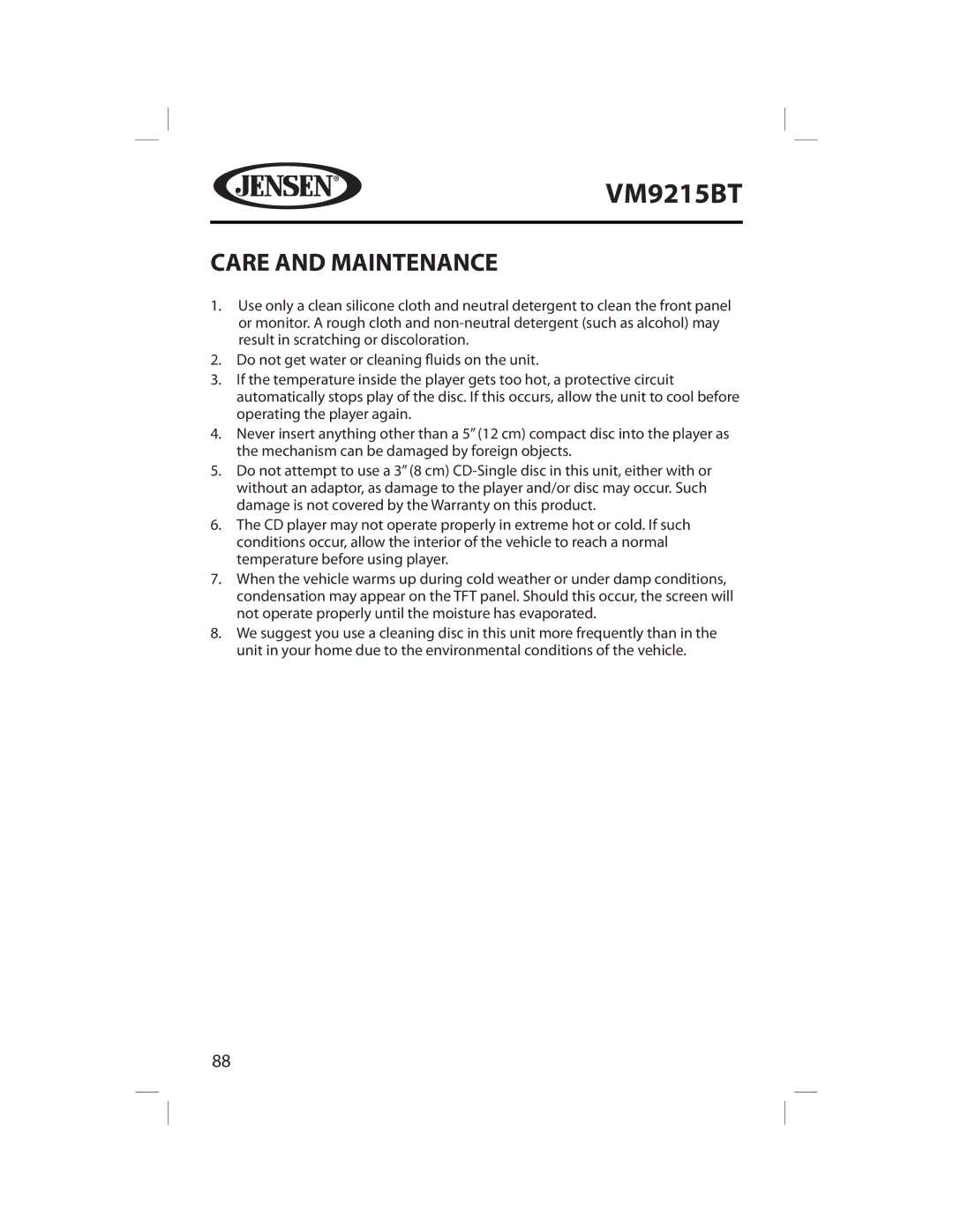 Jensen VM9215BT operating instructions Care and Maintenance 