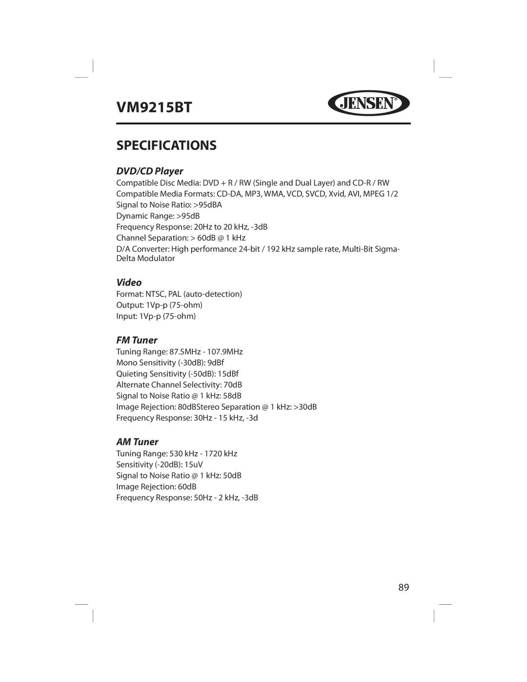 Jensen VM9215BT operating instructions Specifications, DVD/CD Player, Video, FM Tuner, AM Tuner 