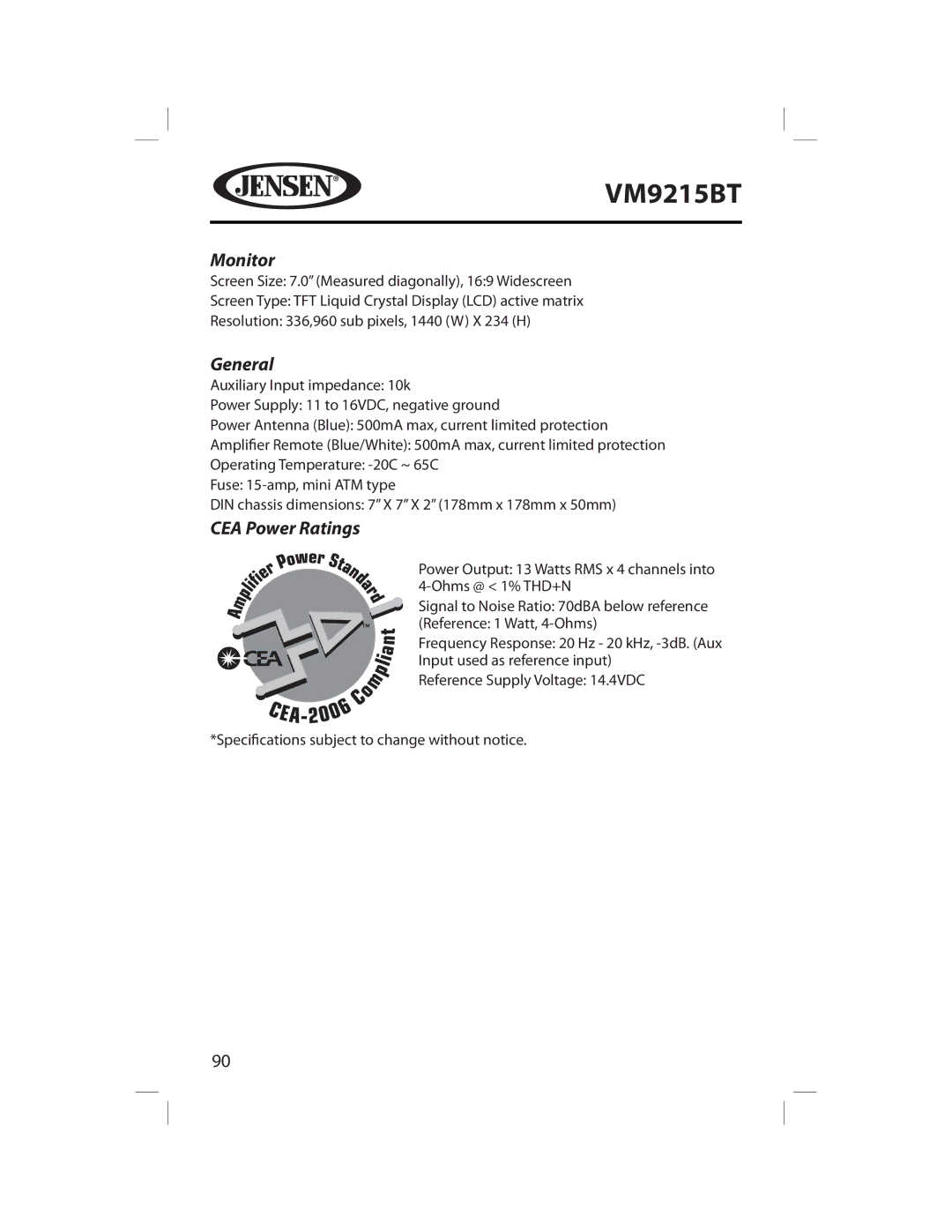 Jensen VM9215BT operating instructions Monitor, General, CEA Power Ratings 