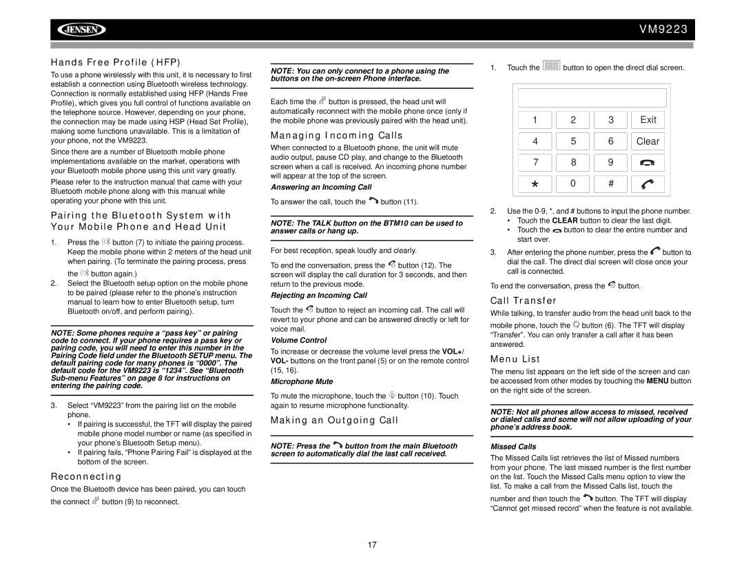 Jensen VM9223 Hands Free Profile HFP, Reconnecting, Managing Incoming Calls, Making an Outgoing Call, Call Transfer 