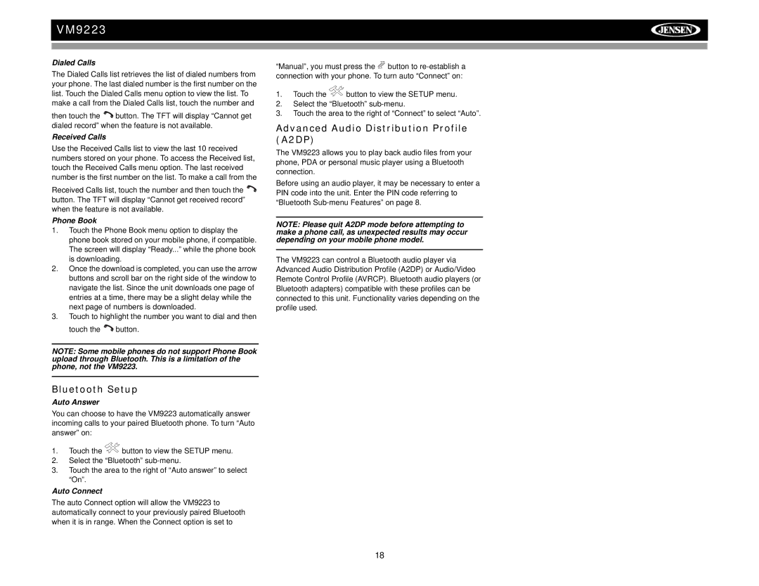 Jensen VM9223 operation manual Bluetooth Setup, Advanced Audio Distribution Profile A2DP 