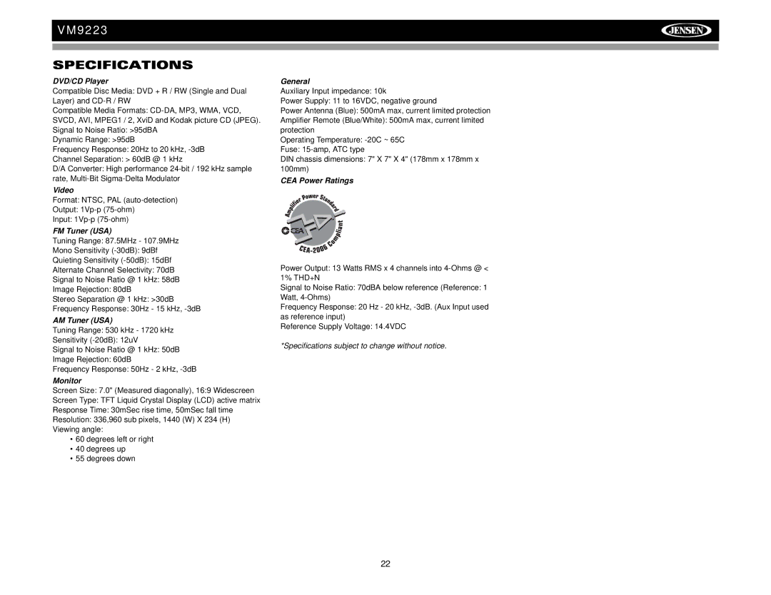 Jensen VM9223 operation manual Specifications 