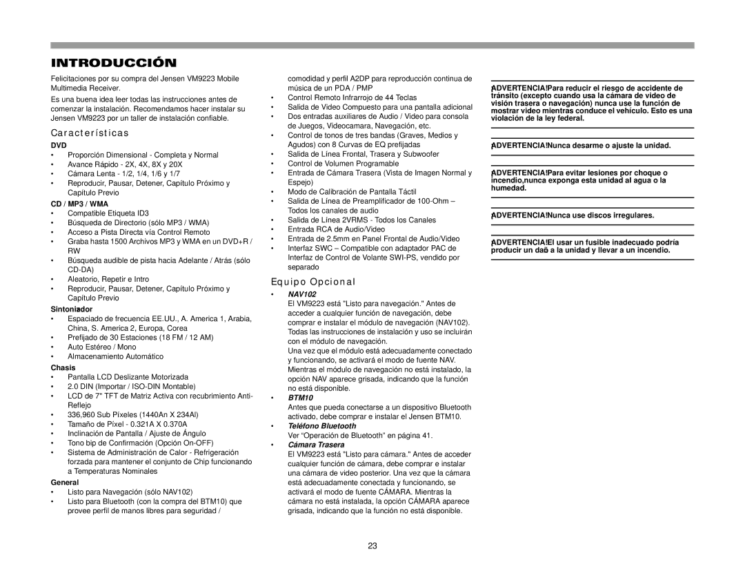 Jensen VM9223 operation manual Introducción, Características, Equipo Opcional, Sintonizador, Chasis 