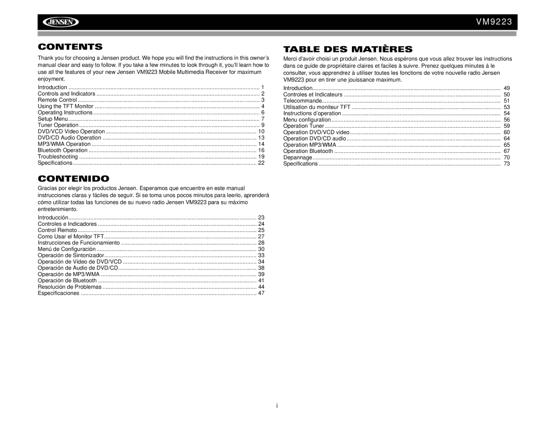 Jensen VM9223 operation manual Contents, Contenido, Table DES Matières 