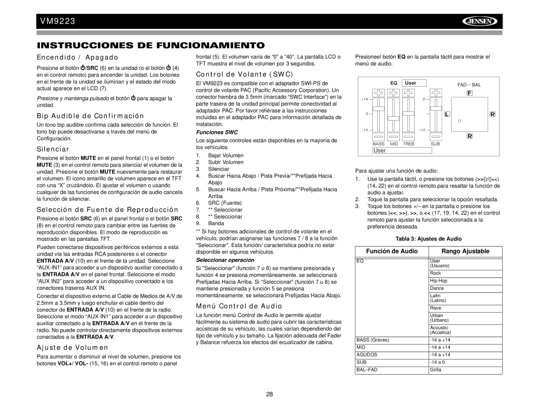 Jensen VM9223 operation manual Instrucciones DE Funcionamiento 